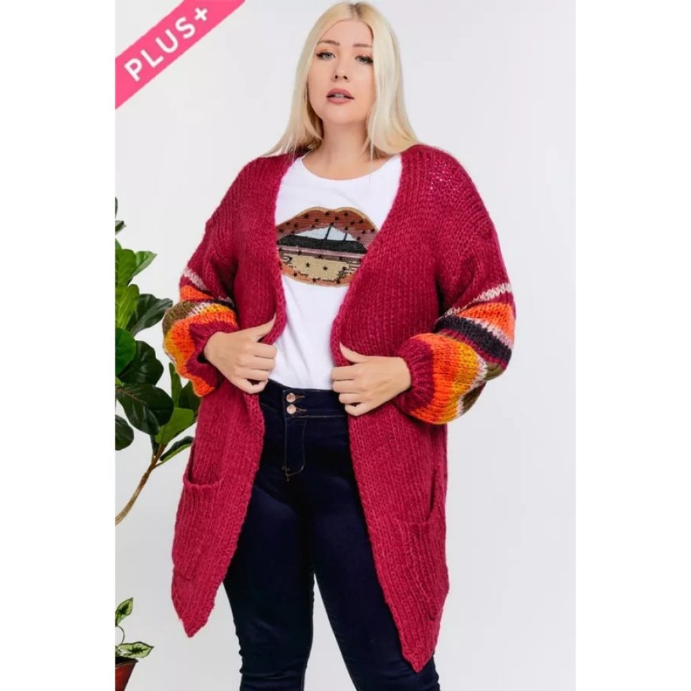 Davi & Dani Cherry Pink Open Front Stripe Sleeve Cozy Cardigan Sizes 1X-3X